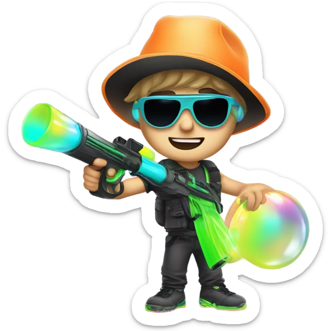 Caucasian boy in glowing rave gear with sunglasses and mask and hat and headlamp and shooting a bubble gun sticker