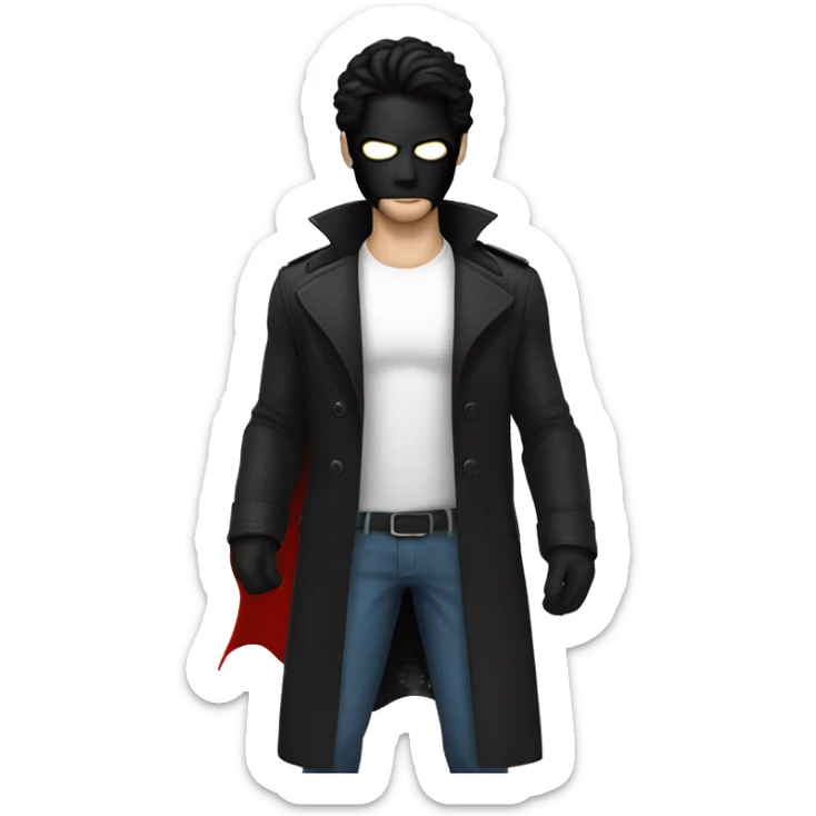 guy with black hair, white skin, a white winged superhero mask with black on the inside, black trenchcoat, red gloves sticker