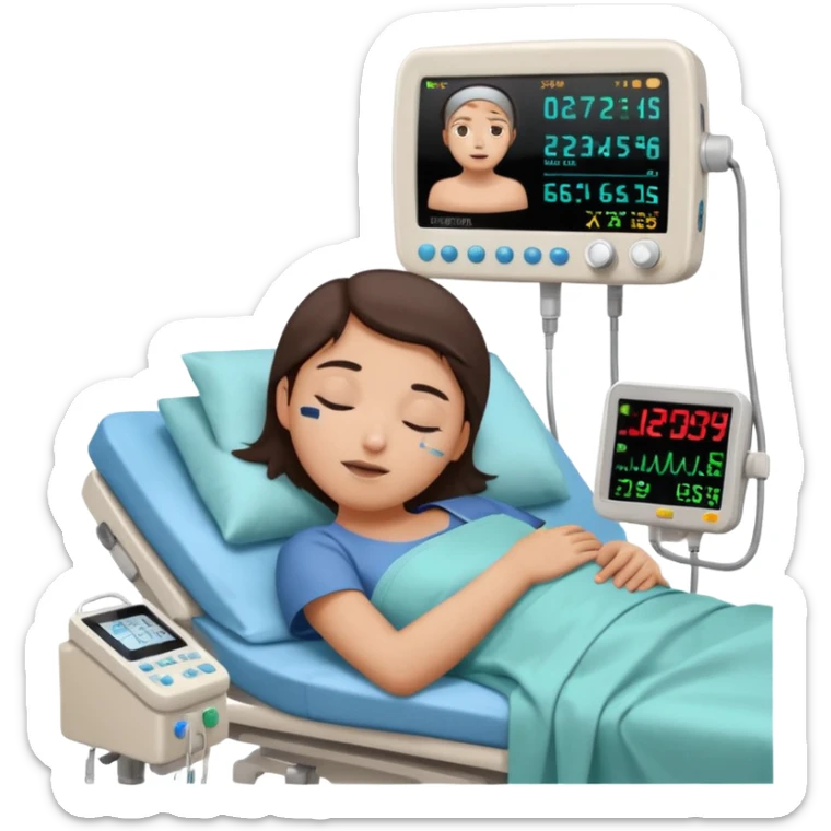 a PATIENT waking up before a surgery sleeping. And 1 monitor with vitals and numbers sticker