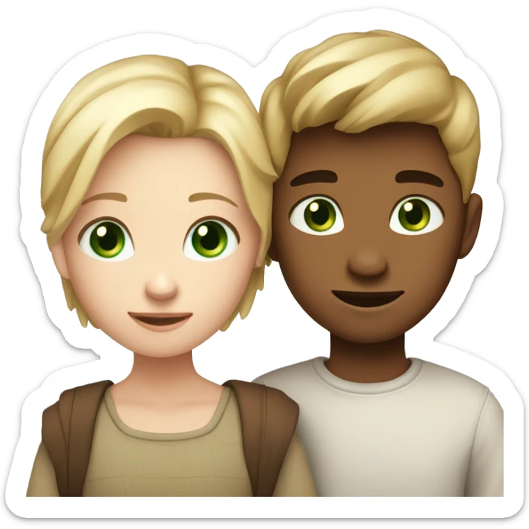 A boy with fair skin, blond short hair and blue eyes and a girl with fair skin, brown straight hair, with green eyes hugging together sticker
