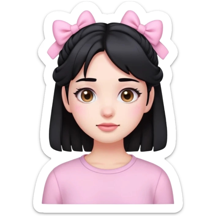 a pretty emoji girl with black hair wearing light pink clothes, cutecore style, with light pink clips in her hair sticker