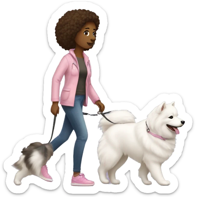 side profile full body view of brunette female with light pink skintone walking one samoyed dog on a leash going to the right sticker