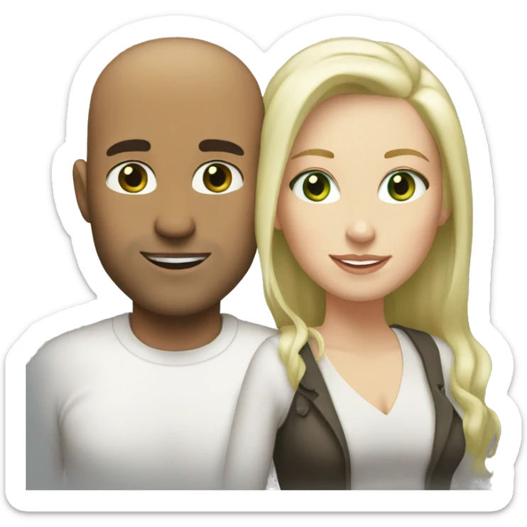 Loving white couple. Male = bald, 35, white, light green eyes. Female = long blonde highlights, light green eyes sticker