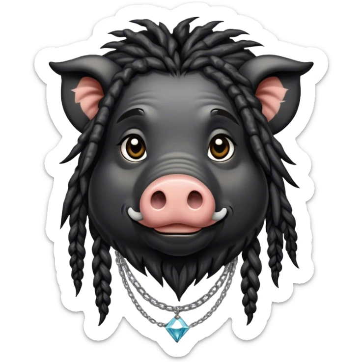 Hairy pig, with dreads, tatto on face with diamont chain on the neck, african-american race sticker