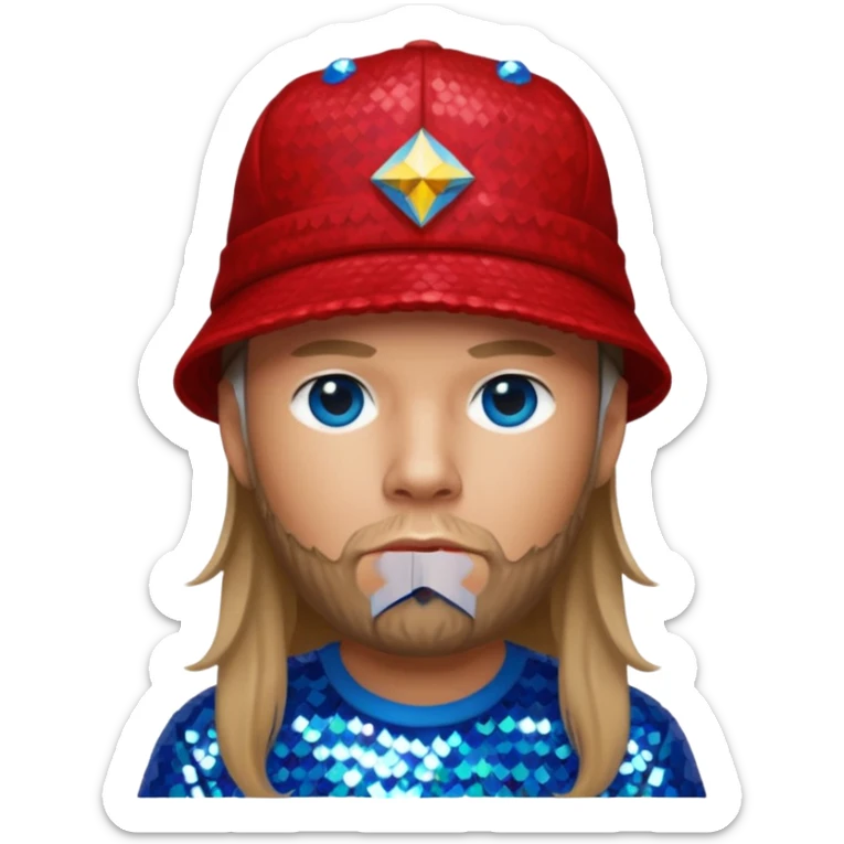Fred Durst with long dark blonde hair, red sequin shirt and hat, blue eye sticker