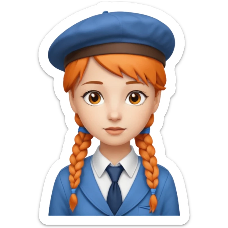 orange braided hair girl, wearing white shir, a brown berret Hat, Blue Necktie sticker