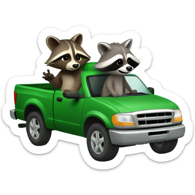 Raccoon driving green pickup truck with girlfriend raccoon sticker