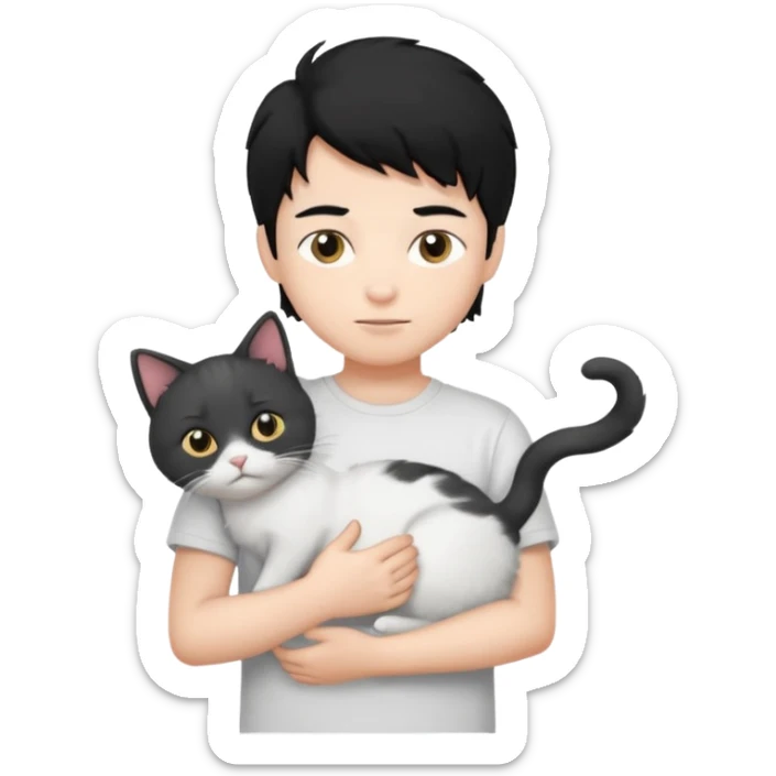 generate a pretty bratz emoji of a boy with black hair wearing a white tshirt and holding a cat sticker