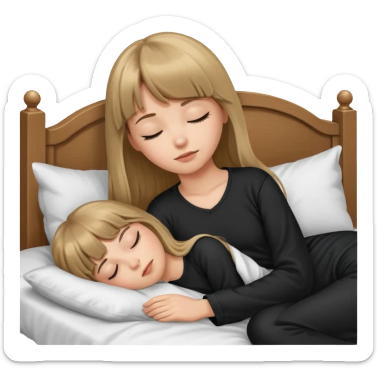 Young woman with long dark blond hair all around her, and a bang, sleeping in bed  with black pyjama  sticker