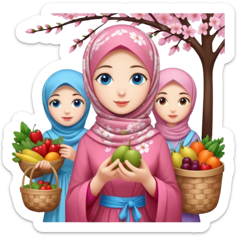Turkish beautiful finish Konya girls blue eyes with lovely cherry blossom hijab long tail dress and the friends shopping in a market fruits and vegetables  sticker