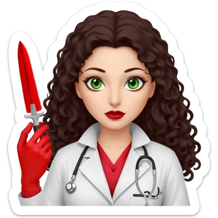 Lilith scalpel sexy evil woman. She has green eyes.  has dark brown long curly hair.  evil surgeon kills holding scalpel.  wears sexy doctor coat with red gloves. Covers only nose neck  and mouth with Muslim red berka  sticker