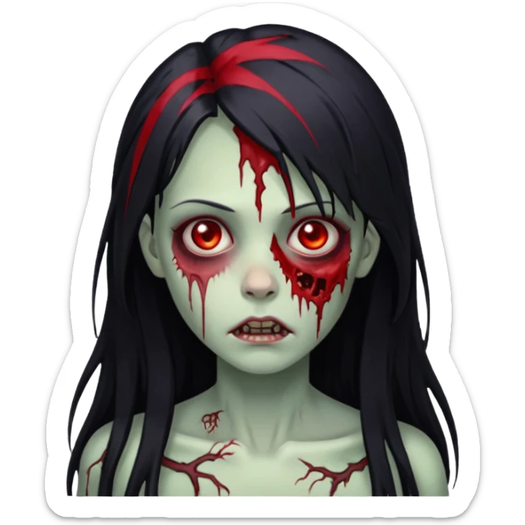 Garota zumbi cabelo longo preto, mechas vermelhas SOMENTE nas laterais, na frente da cabeça sticker