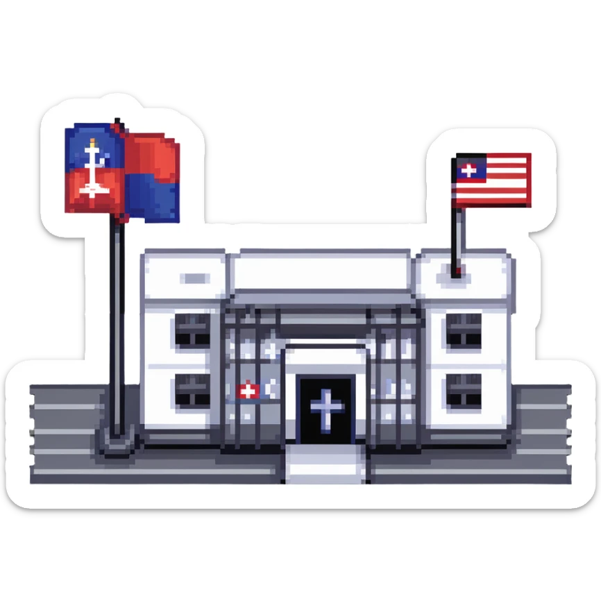 Hospital building with Thai flag on flagpole, medical cross symbol, red white blue striped flag of Thailand sticker