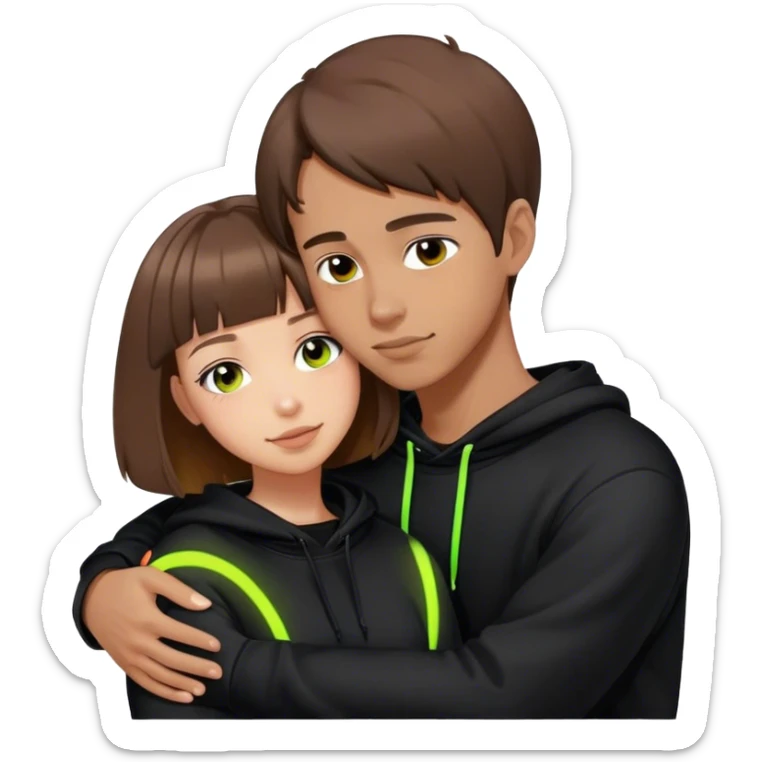 cyberpunk a girl with brown hair, a bob haircut, hugs a guy by the neck, both in black hoodies with neon sticker