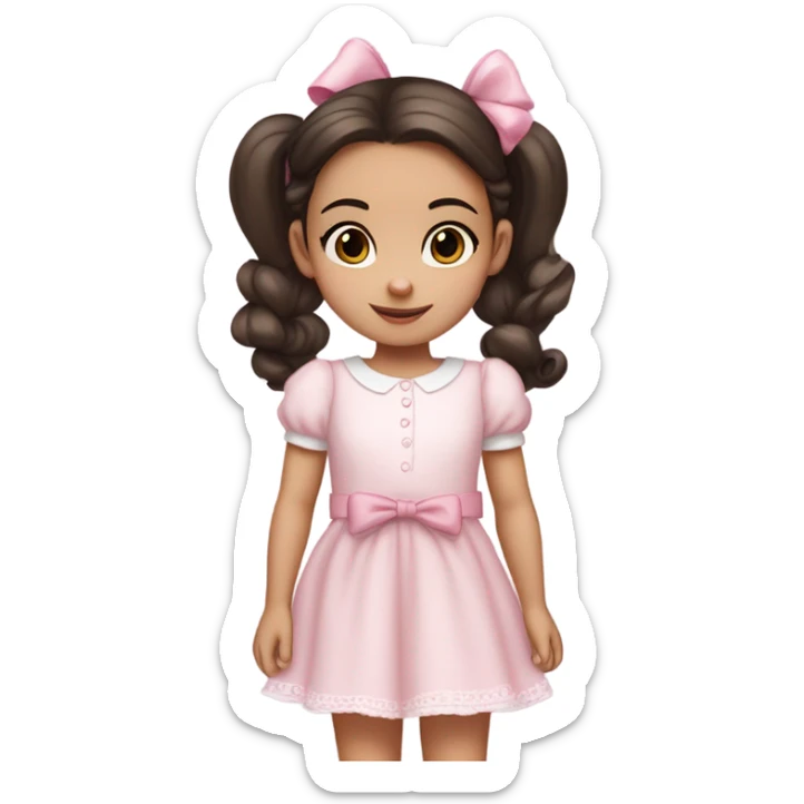 Little 3 year old Girl with light white skin, brown eyes. Dark hair in two ponytails, with light pink bows.  She is wearing a light pink and White dress, standing and holding a teddybear with a pink bow. Only showing up to her waist sticker