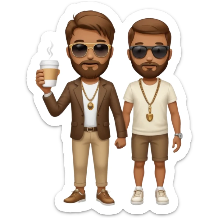 stylish bearded male traveler with coffee cup on hand, cool sun glasses with chain strap, white shoes, sticker