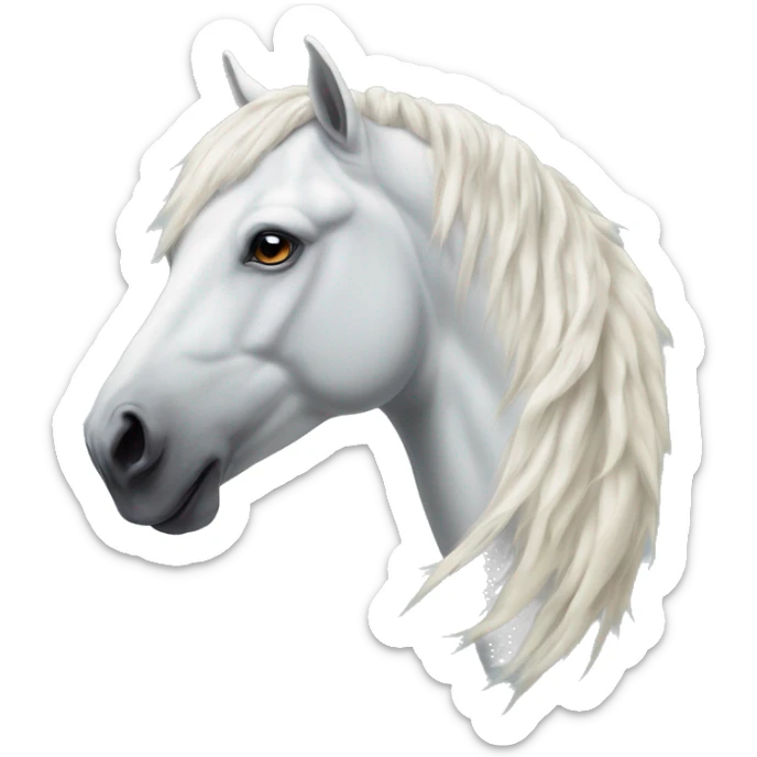 A white horse with a beautiful mane stands turning its head to the left next to the sacred Yakut serge sticker