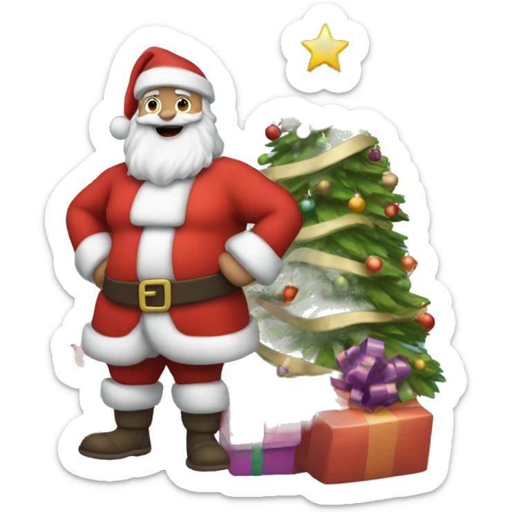santa claus standing next to the Christmas tree with presents and gifts in his hands sticker
