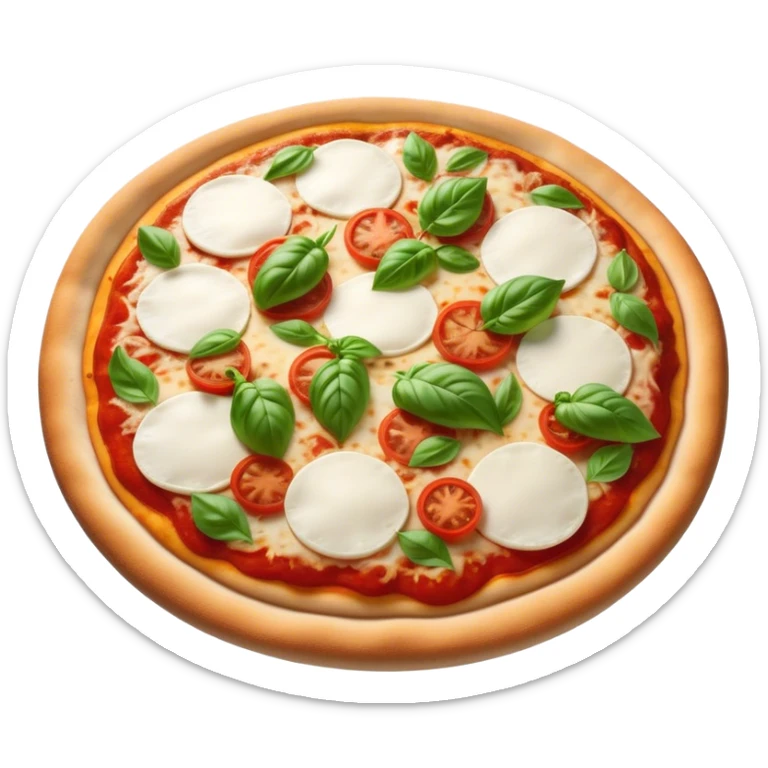 Cinematic Realistic Pizza Napoletana Dish Emoji, depicted as a classic thin‚Äêcrust pizza topped with vibrant tomato sauce, fresh mozzarella, and basil rendered with mouth‚Äêwatering textures and warm natural lighting. sticker