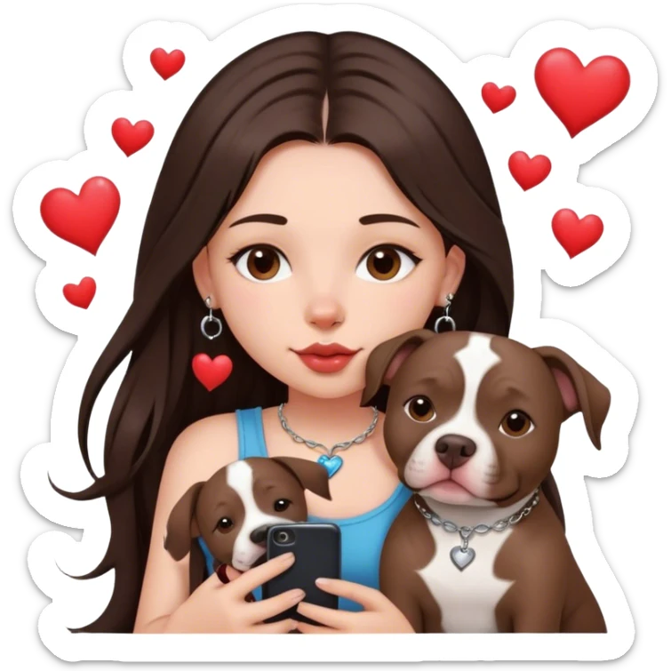 Young girl with long dark brown layered hair hair sits with her one dog who is a pretty girl pitbull with her cell phone in her hand in a small septum ring in her nose was hearts flying all around her sticker