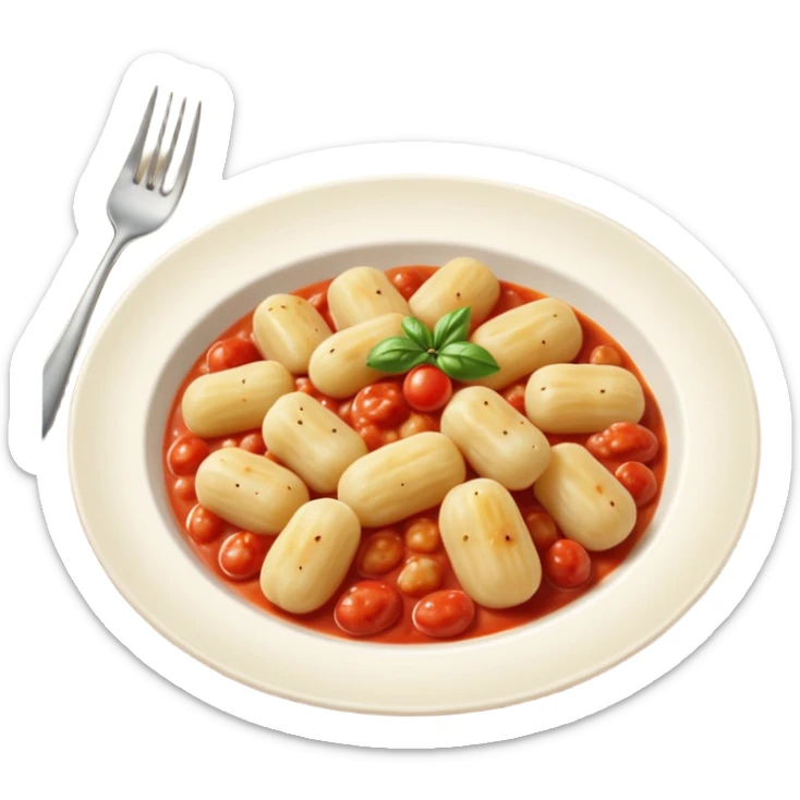 Gnocchi Cinematic Realistic Gnocchi Dish Emoji, depicted as tender oblong potato gnocchi garnished with iconic fork marks on top, rendered with soft textures and warm, inviting lighting. add tomato sauce sticker