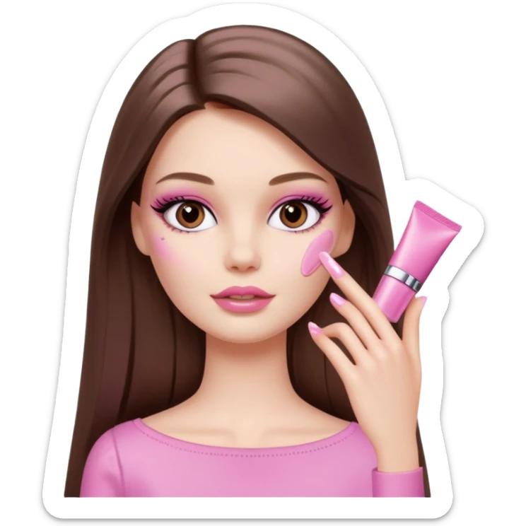 Barbie girl a brown long Straight hair and brown eyes is In pale pink smears by hand cosmetic cream Dior on her face sticker