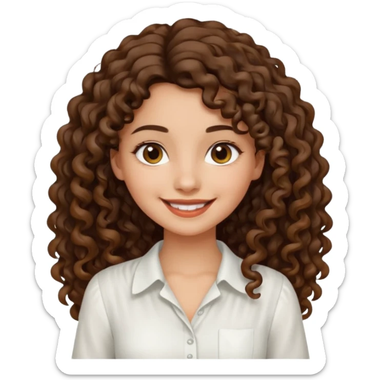 Morena, pele escura, cabelo longo cacheado, pequena e com uma blusa branca sorrindo sticker
