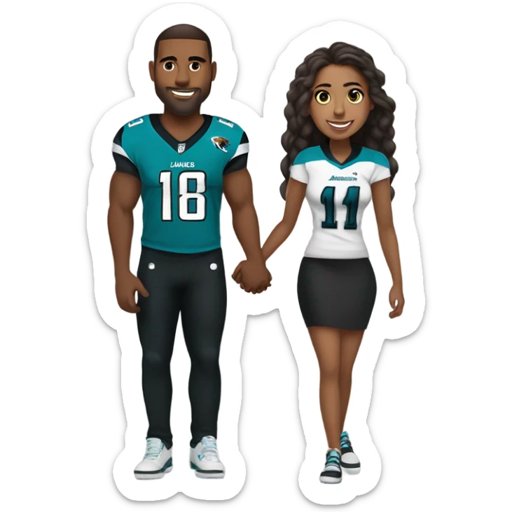 Brown guy and brown girl with hair in ponytail withJacksonville jaguars  clothes holding hands sticker