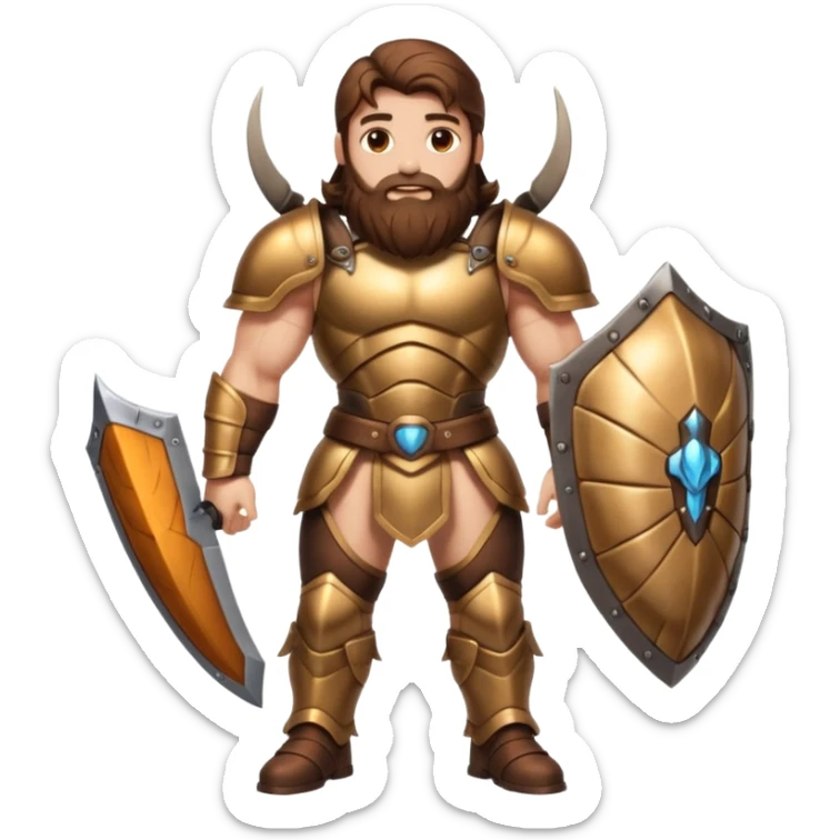 full body man long brown hair brown eyes medium beard white skin muscular build beetle shell armor sticker