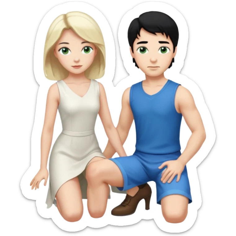 prince, upright, black Hair, blue eyes, garment, and woman, bending knee, sleveless white dress, blonde hair, green eyes, sticker