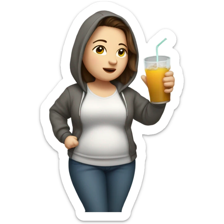 Chubby pale Woman with long brown hair dancing with drink with eyes closed wearing pants and hoodie sticker
