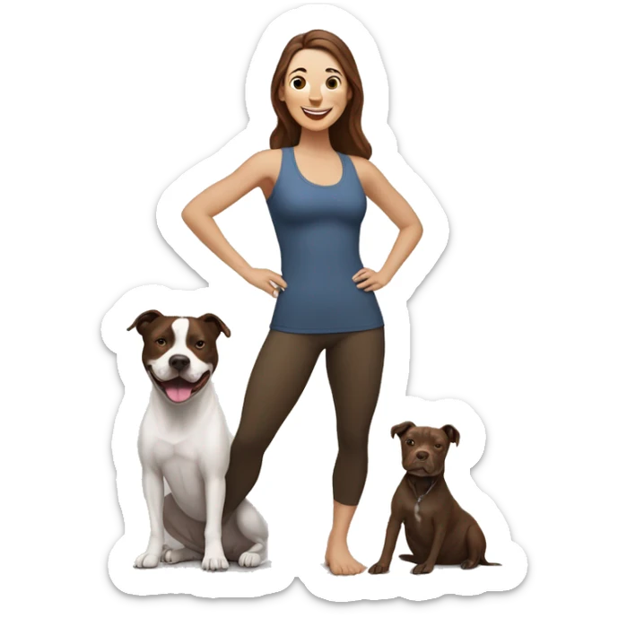 white woman with long dark brown hair expressing joy dressed in a yoga outfit alongside a pitbull dog sticker