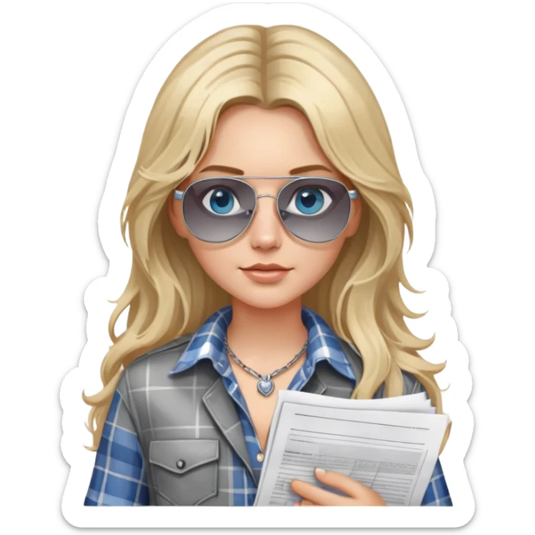 girl with long blond messy hair wearing grey plaid shirt with blue eyes and aviator sunglasses wearing a ring on her silver necklace, holding lawyer papers sticker