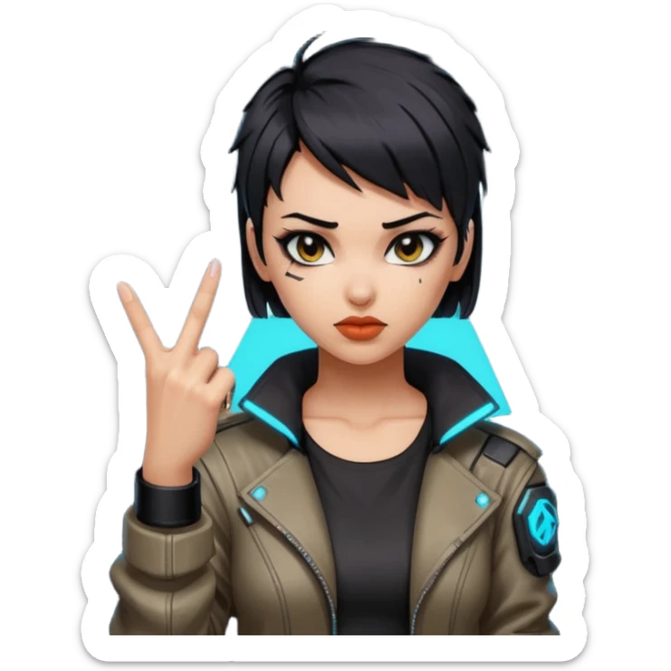 Woman with her tongue out in cyberpunk clothing and giving the middle finger. Looking naughty. sticker