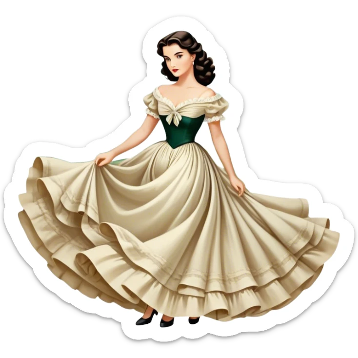 Icon for Romance Movie: A vintage movie poster-style design inspired by Gone with the Wind. Include romantic, sweeping imagery like Scarlett O'Hara in a flowing dress, Rhett Butler, a plantation backdrop, and fluttering wind-blown fabric. Soft, nostalgic cinematic feel. Transparent background. sticker