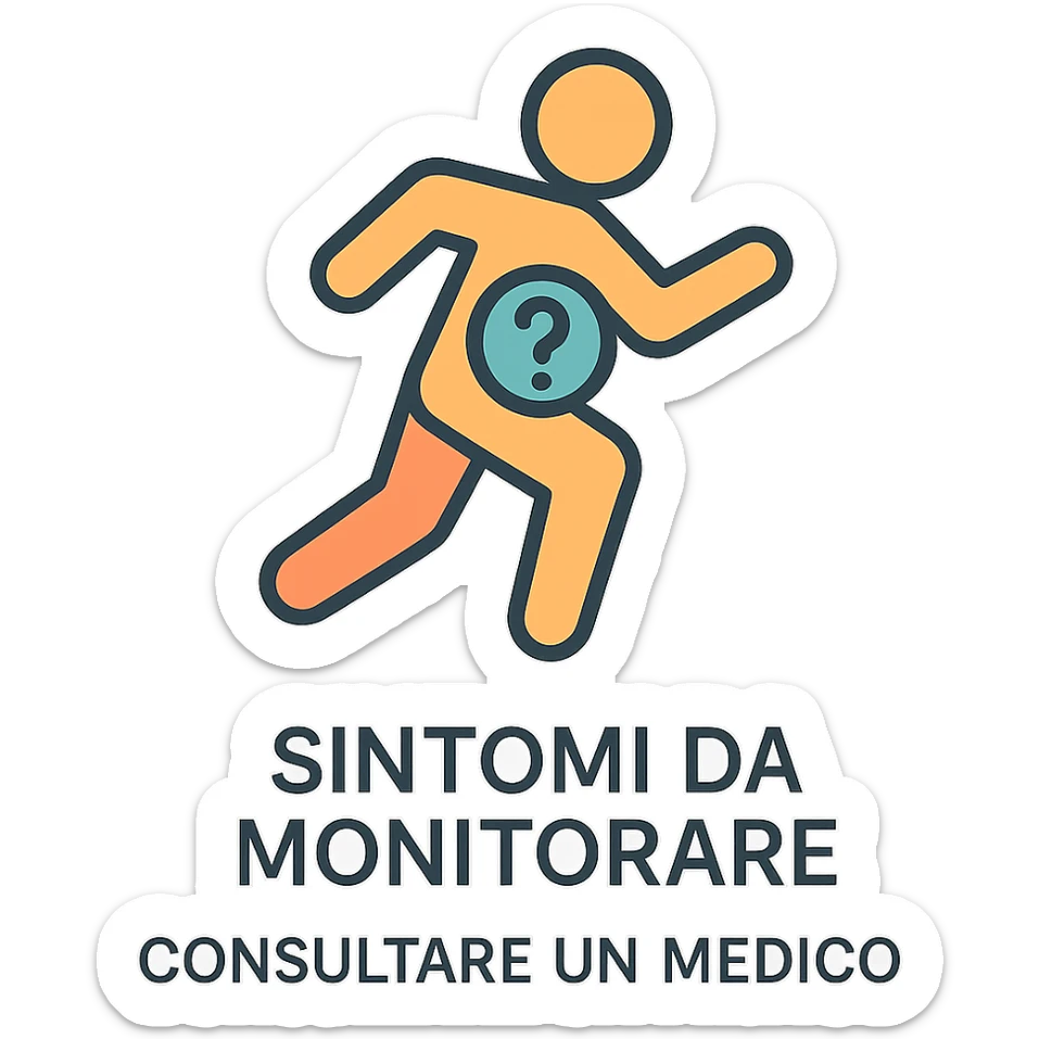 infografica in italiano, figura stilizzata di atleta con simbolo di punto interrogativo nella zona bassa, didascalie Sintomi da monitorare e Consultare un medico, stile educativo, sfondo bianco sticker
