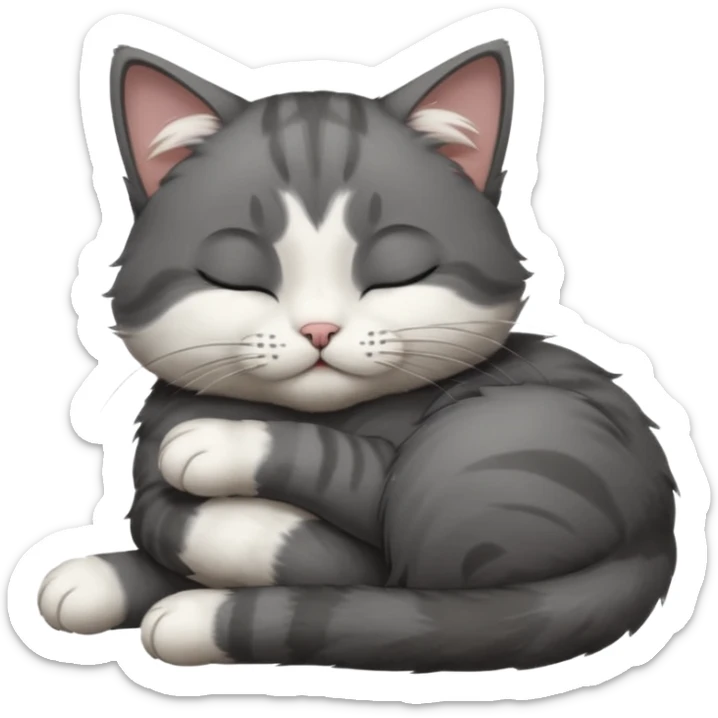 dark grey and white small cat with closed eyes, leaning his head on his paw while leaning on his elbow lying down sticker