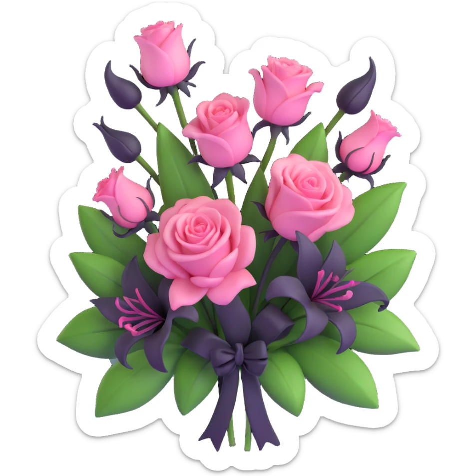 minimal 3D gothic bouquet with pink roses and black lilies, simple and mysterious sticker