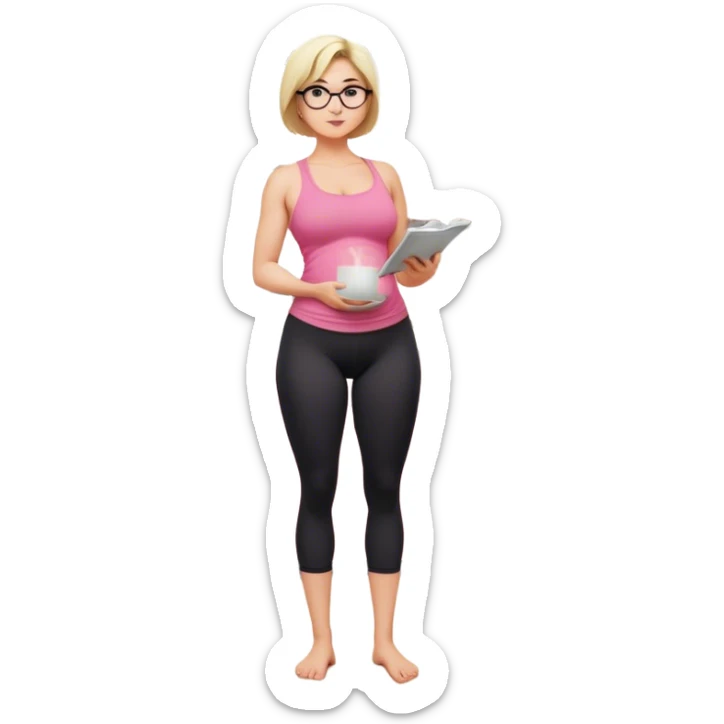 Full body view from the side, fair skinned woman, curvy, short blond hair, small reading glasses, cooking dinner in kitchen, pink loose tank top, showing natural B cup breast shape SFW, black yoga pants, large curvy booty sticker