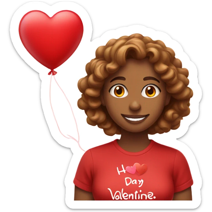 Light brown woman with long brown  curly hair with a red happy Valentine’s Day t-shirt sticker