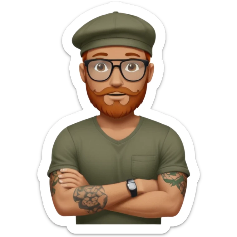 Muscular looking red headed man with beard and rayban glasses wearing a scally cap with sleeve tattoos sticker
