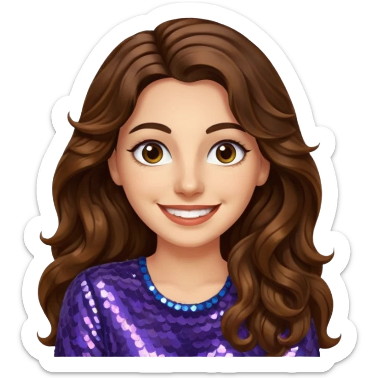 30 yr old italian woman, long brown wavy hair, big brown eyes, huge smile, sequin shirt, no bangs,  sticker