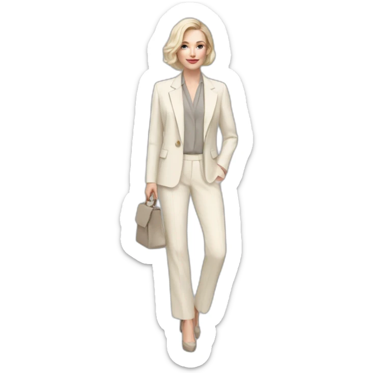 pale skin woman with ash blonde Straightened bob Hair, White Spacious classical jacket, beige palazzo Arrow pants and gray blouse holding a color palettes in the hands sticker
