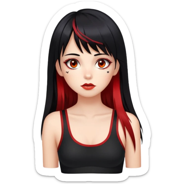 Girl. hazel eyes. Black hair with red long bangs highlights and red perk-a-boo underlights. Medium long hair. black strap crop top. birthmark under the lips on the left. Skinny face. sticker