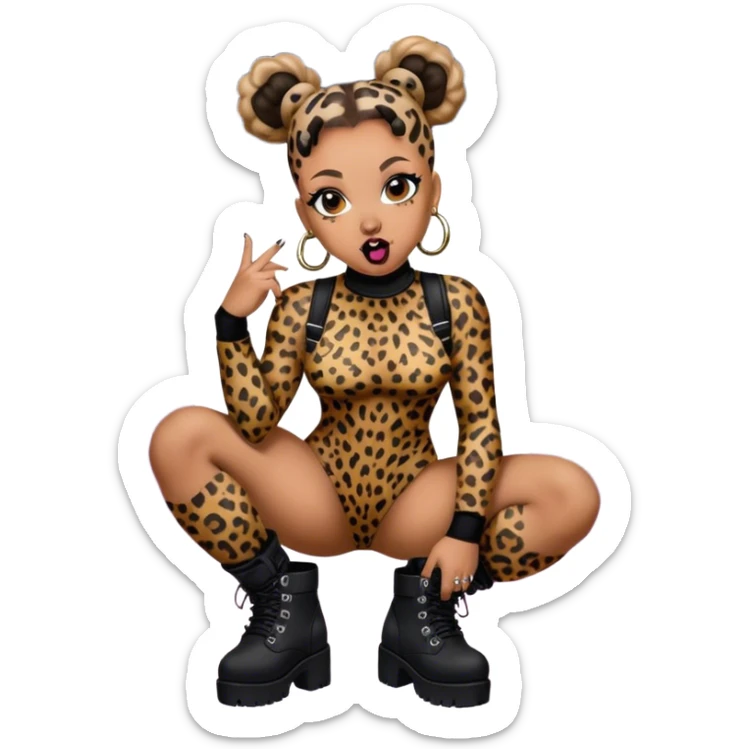 Melanie Brown with her hair in space buns and wearing a tight leopard print bodysuit and black combat boots, she’s showing off her tongue ring sticker