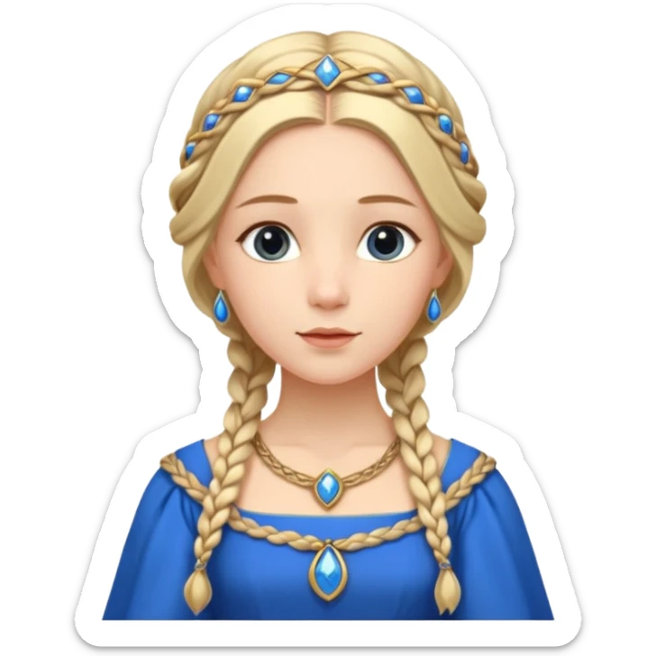 An emoji portrait of a medieval European princess. She wears a long-sleeved bliaut dress in a vibrant blue color, with a delicate golden circlet on her head. Her hair is braided in long tresses, and her expression is gentle and pious. sticker