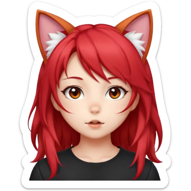 cute anime girl with cat ears, red blowing hair sticker