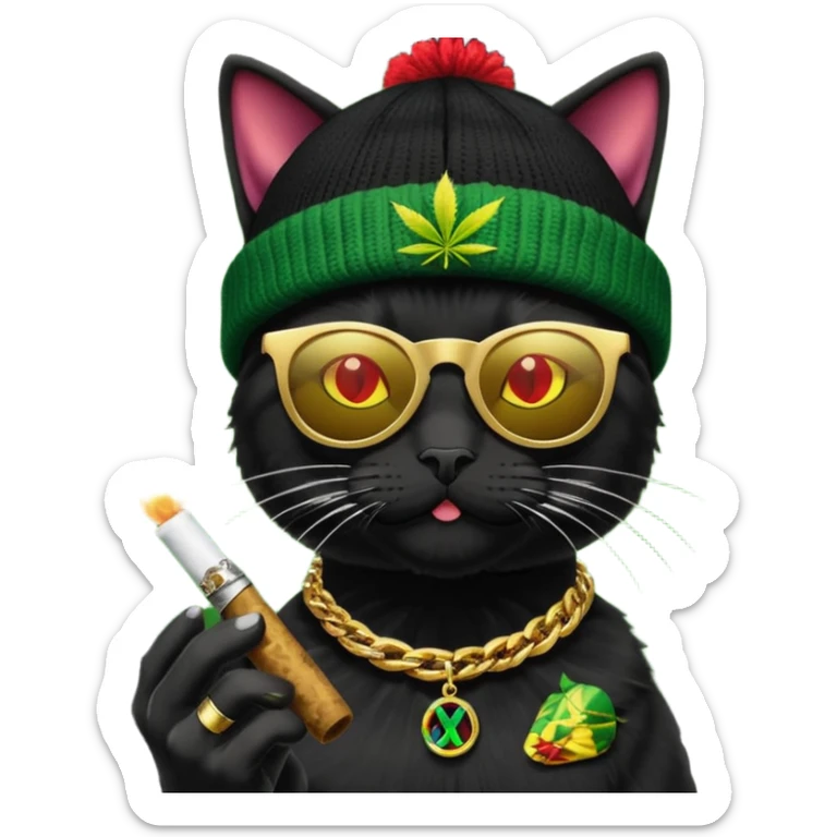 A black cat wearing the deal with it shades and a rasta beanie and smoking a joint and wearing a gold chain that says 420 sticker