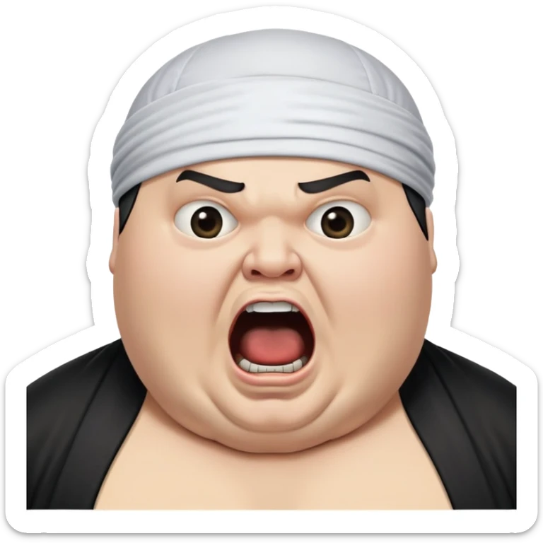 Super extreme tight close-up of just the face of morbidly obese white skin guy with young face, prominent BLACK DURAG tied clearly on head, black beard but no mustache, clean shaven upper lip, black eyes, mouth wide open screaming angrily sticker