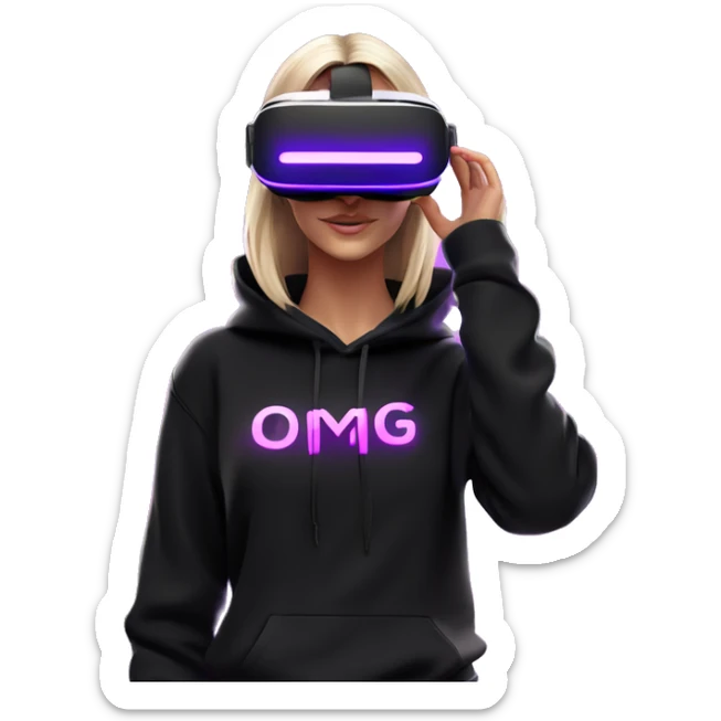 Russian girl wearing black hoody with violet letters "OMG", in vr headset oculus quest2. Standing like jedi. Cyberpunk style. Violet neon. sticker